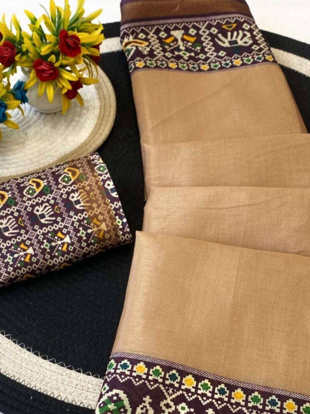Minimal Chikoo Mulmul Cotton Saree with Subtle Ajrakh Border and Airy Texture - Image 2