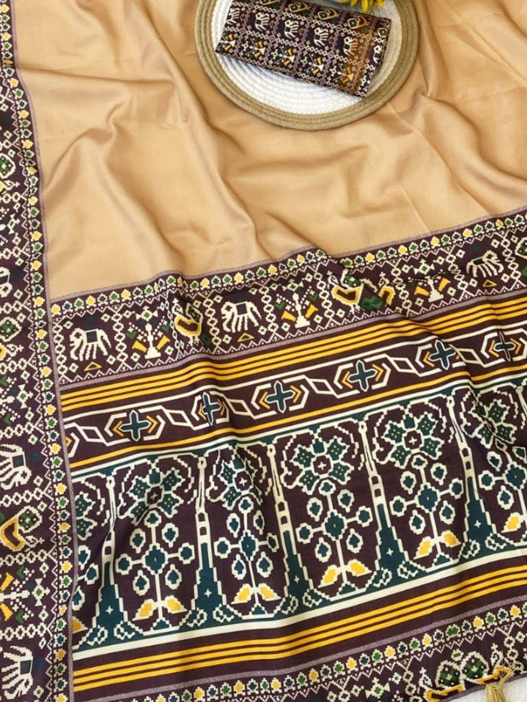 Minimal Chikoo Mulmul Cotton Saree with Subtle Ajrakh Border and Airy Texture - Image 1