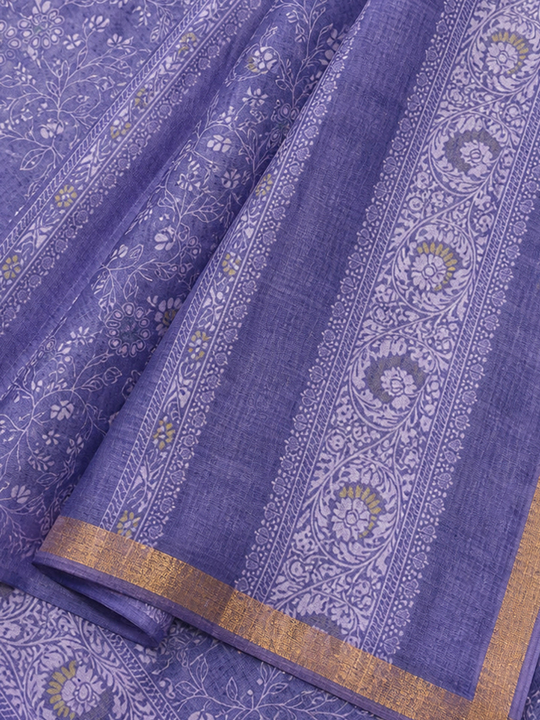 Elegant Purple Linen Saree with Floral Print and Border Detail - Image 3
