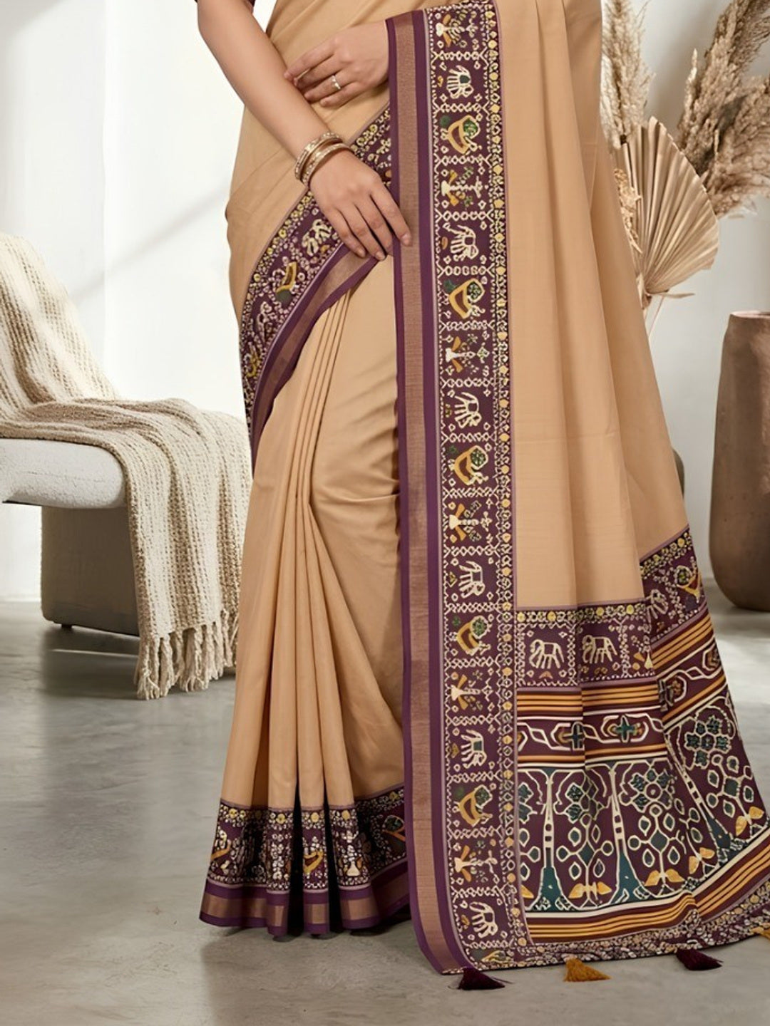 Minimal Chikoo Mulmul Cotton Saree with Subtle Ajrakh Border and Airy Texture - Image 3