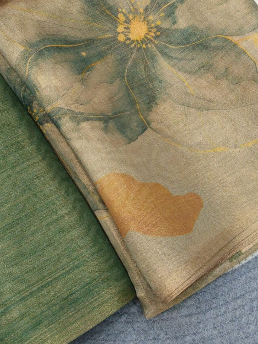 Beige Floral Printed Cotton Silk Saree For Festive Wear - Image 1