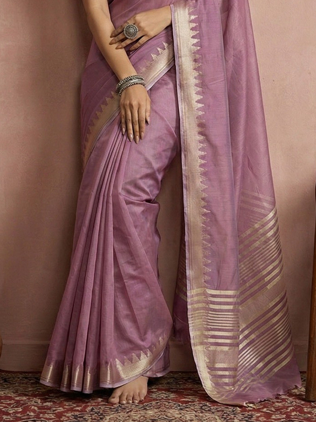 Delicate Purple Stripe Pattern Woven Cotton Silk Saree With Subtle Artisan Weave - Image 2