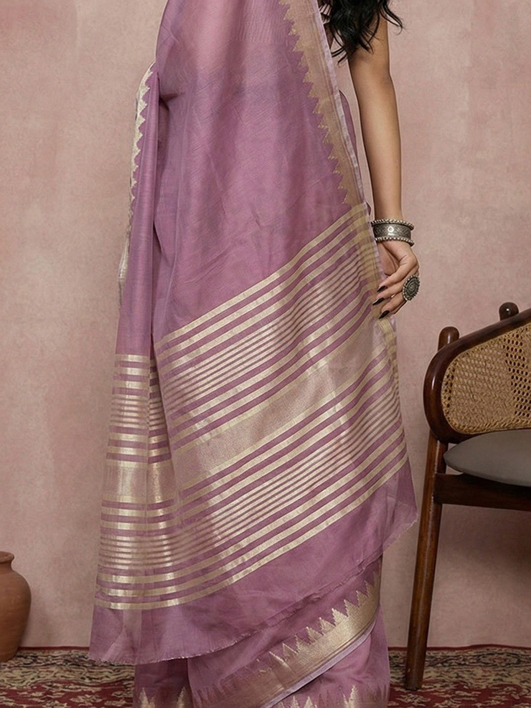Delicate Purple Stripe Pattern Woven Cotton Silk Saree With Subtle Artisan Weave - Image 1