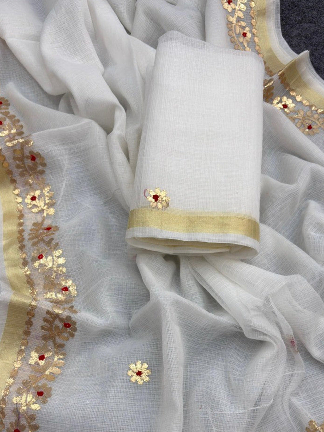 Graceful White Kota Doria Saree Adorned With Delicate Floral Gota Patti & Zari Weaving Border - Image 1