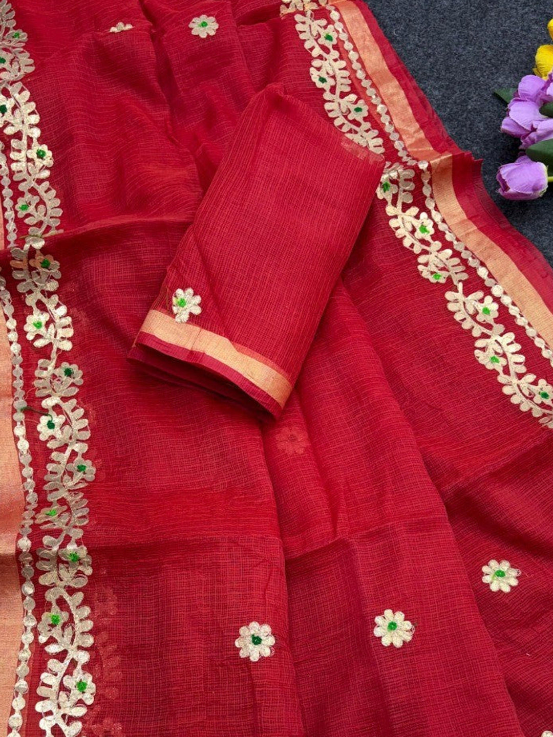 Graceful Red Kota Doria Saree Adorned With Delicate Floral Gota Patti & Zari Weaving Border - Image 2