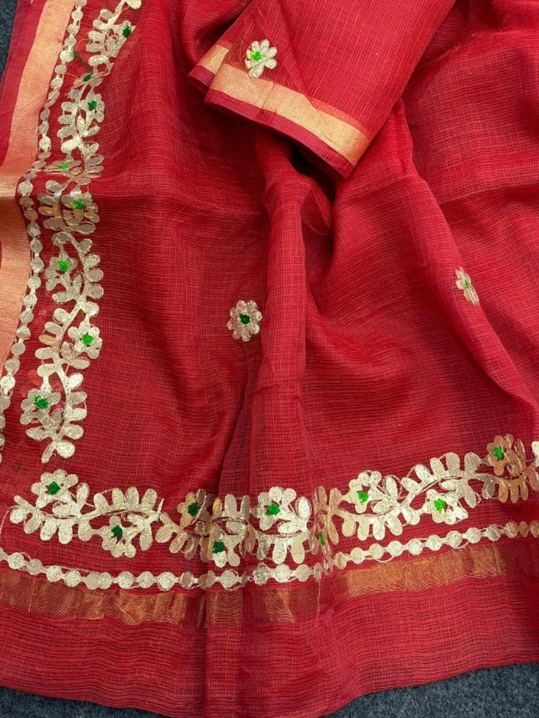 Graceful Red Kota Doria Saree Adorned With Delicate Floral Gota Patti & Zari Weaving Border - Image 1