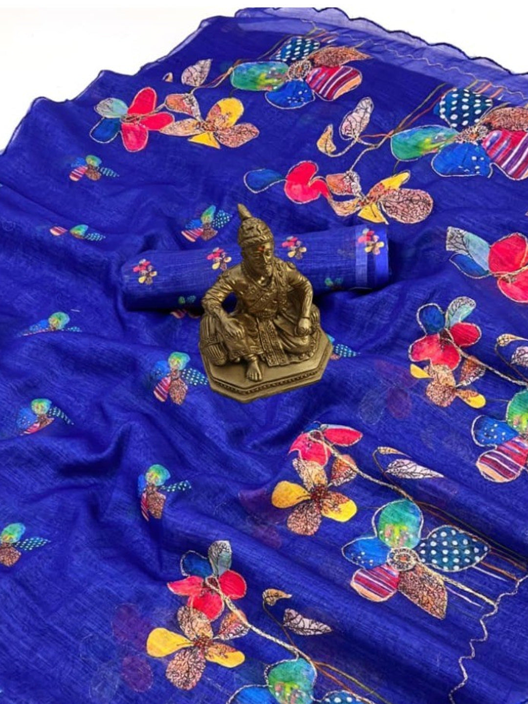 Blue Pure Linen Saree Adorned with Soft Floral Patterns - Image 2