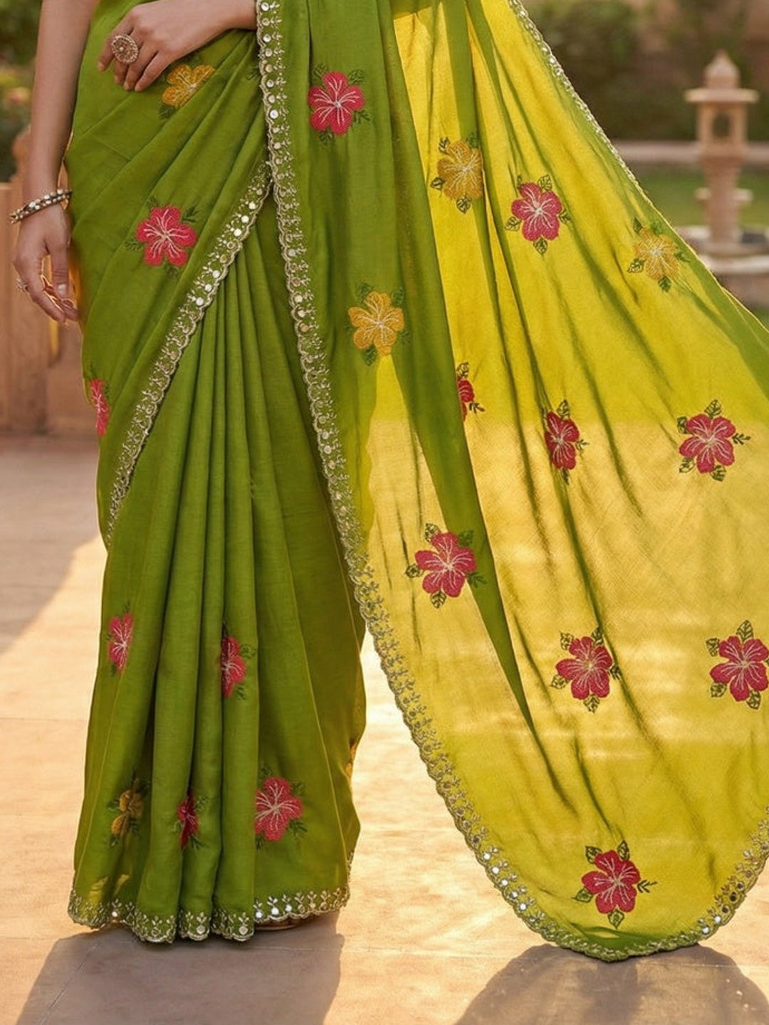 Green & Pink Floral Thread Work Saree Viscose Beautiful Mirror Border Festive Glamour - Image 2