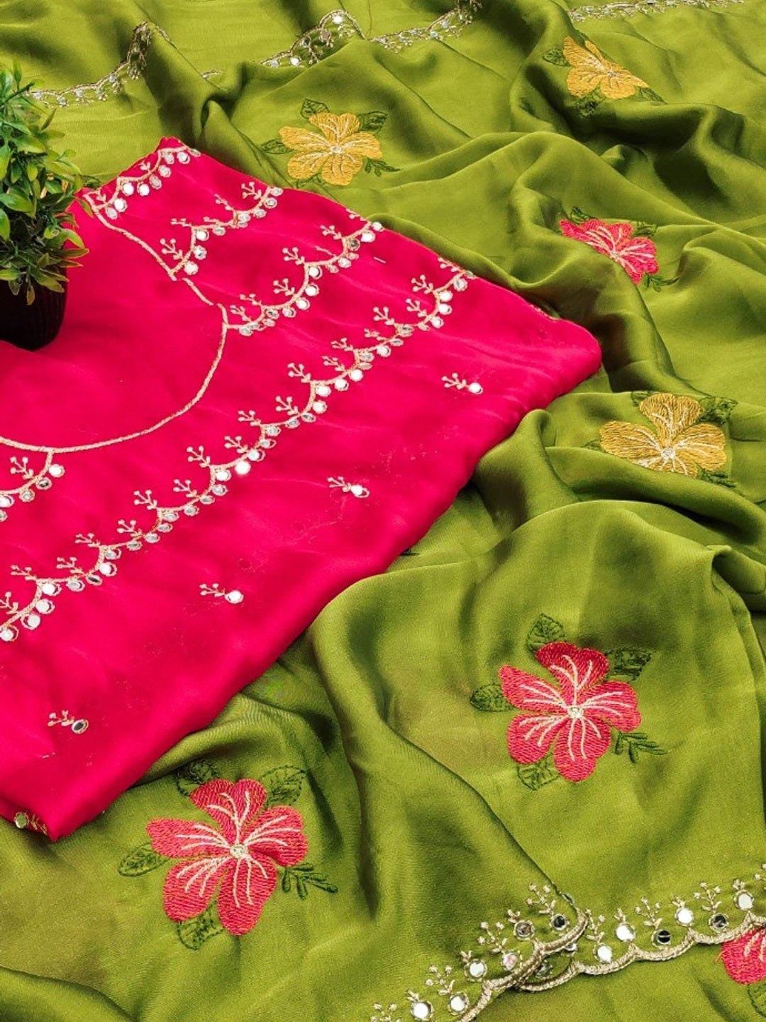 Green & Pink Floral Thread Work Saree Viscose Beautiful Mirror Border Festive Glamour - Image 1