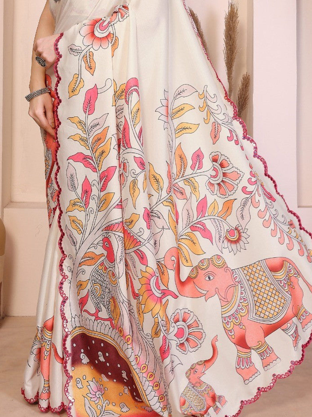 White Silk Blend Saree with Digital Print & Mirror Embellished Border - Image 1