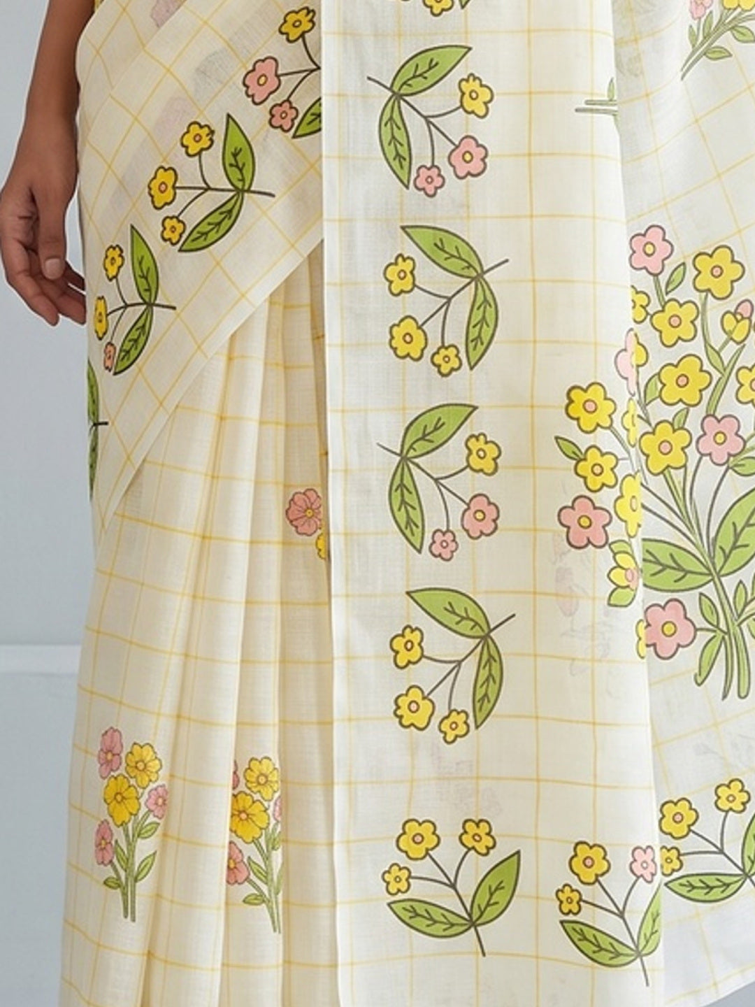 Off White Soft Linen Saree with Artistic Print Detailing - Image 3