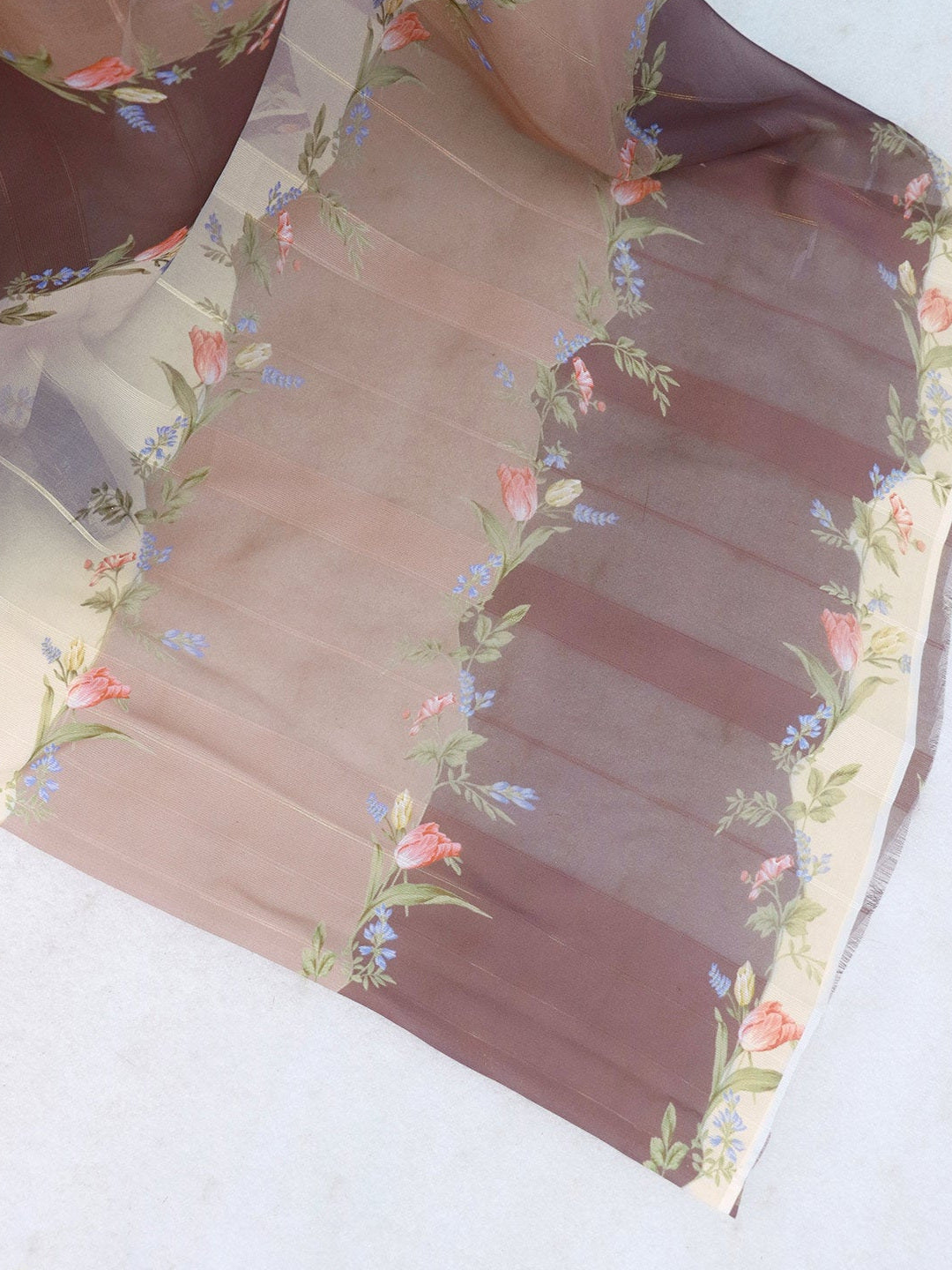 Brown Bloom Floral Digital Printed Georgette Saree Accentuated With Graceful Zari Stripes - Image 1