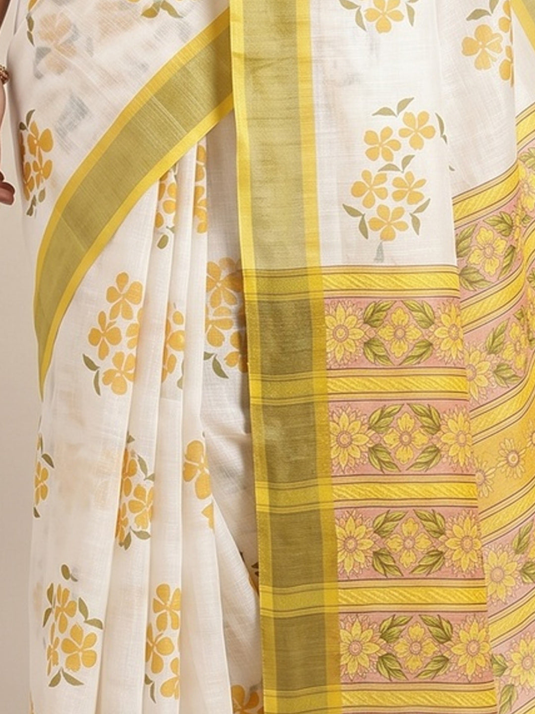 White & Yellow Floral Printed Linen Saree - Image 3