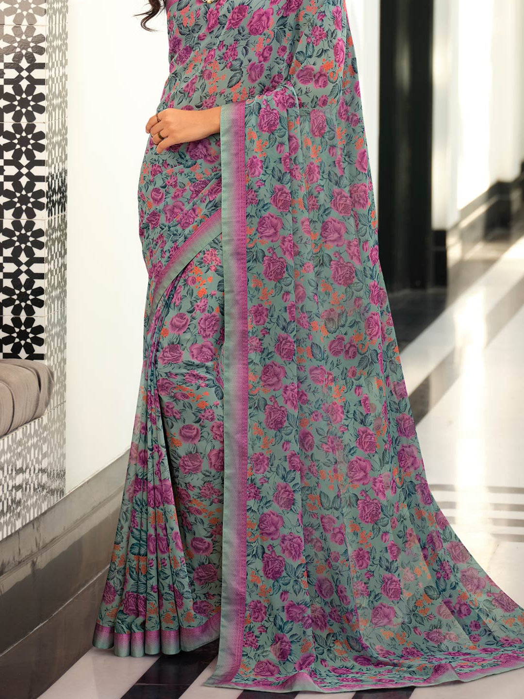 Grey Floral Printed Georgette Saree - Image 1