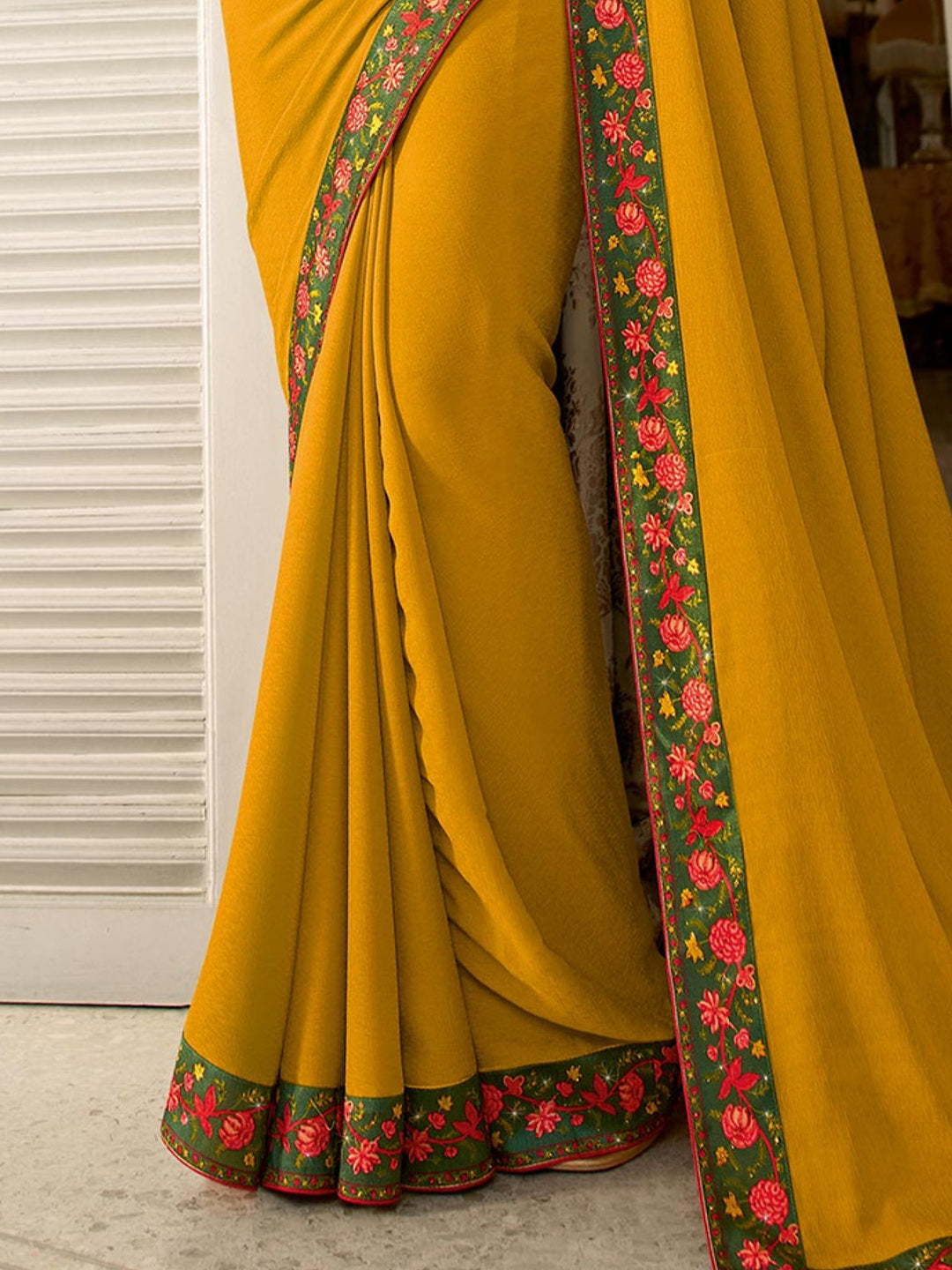 Mustard Floral Digital Printed Georgette Saree - Image 2