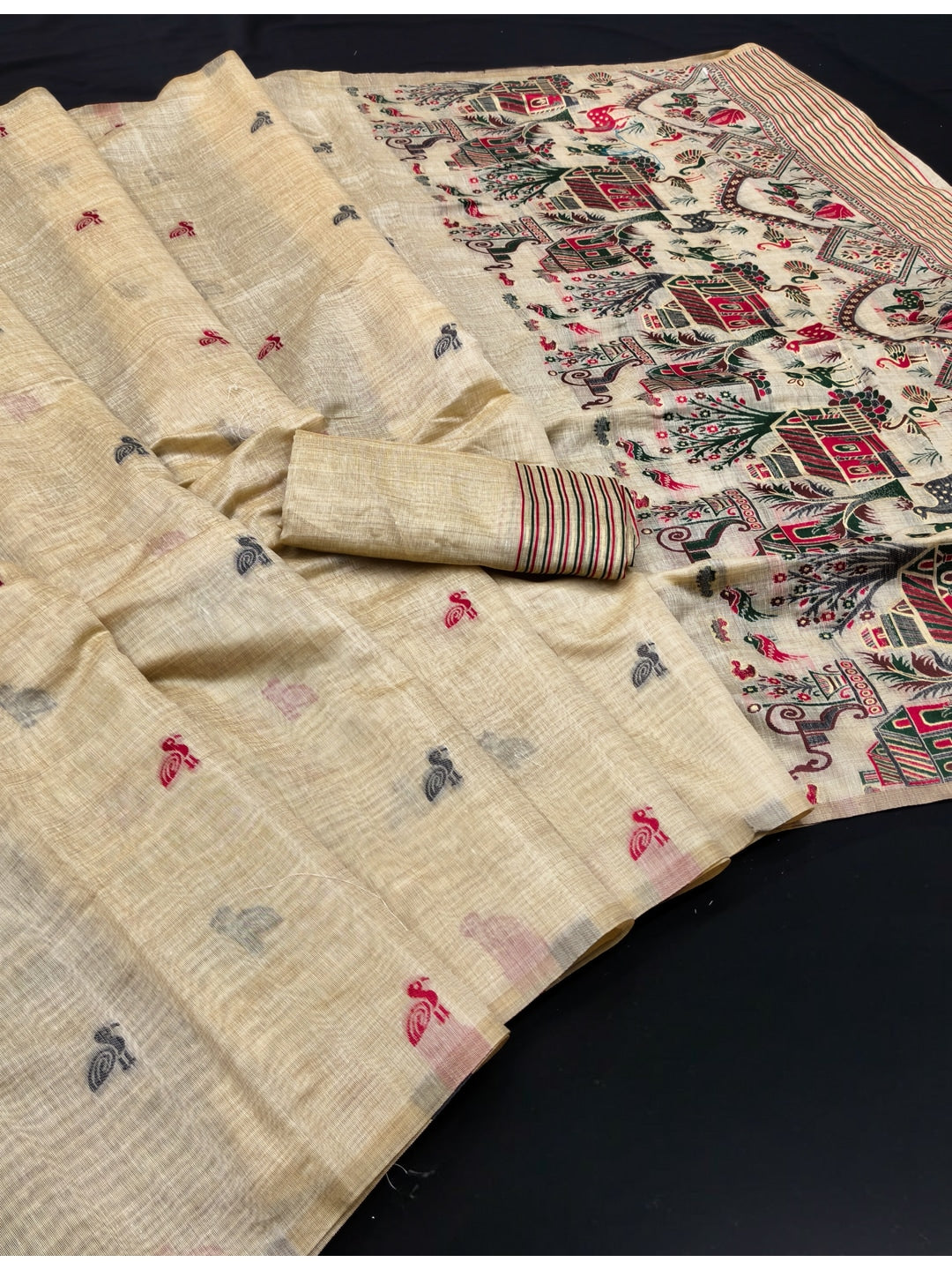 Peachmode Cream Black Woven Cotton Blend Jamdani Saree - Image 2
