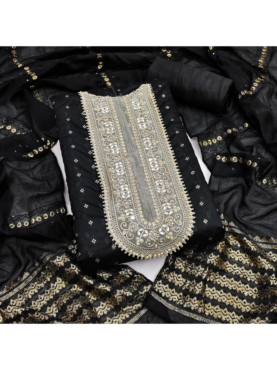 Peachmode Black Embroidered Chanderi Dress Material - Image 5