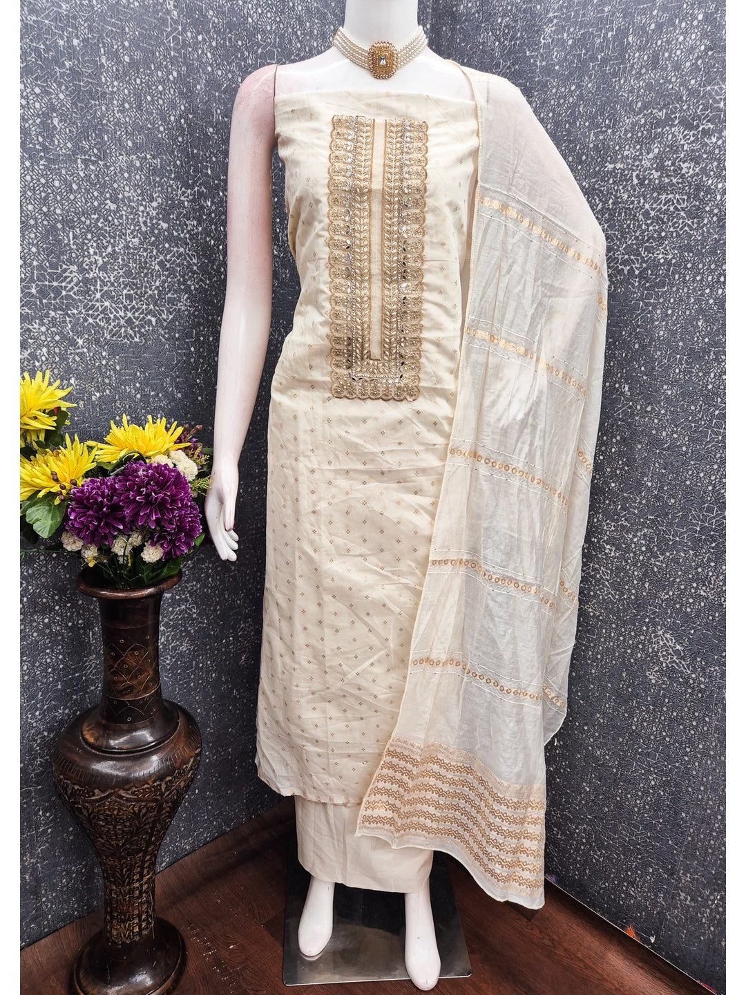 Peachmode Off White Embroidered Chanderi Dress Material - Image 4