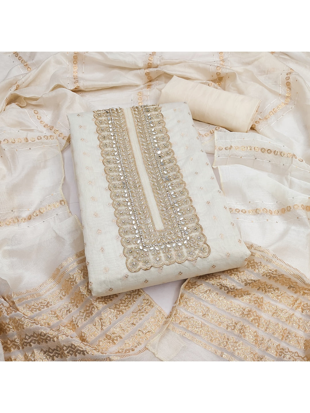Peachmode Off White Embroidered Chanderi Dress Material - Image 5