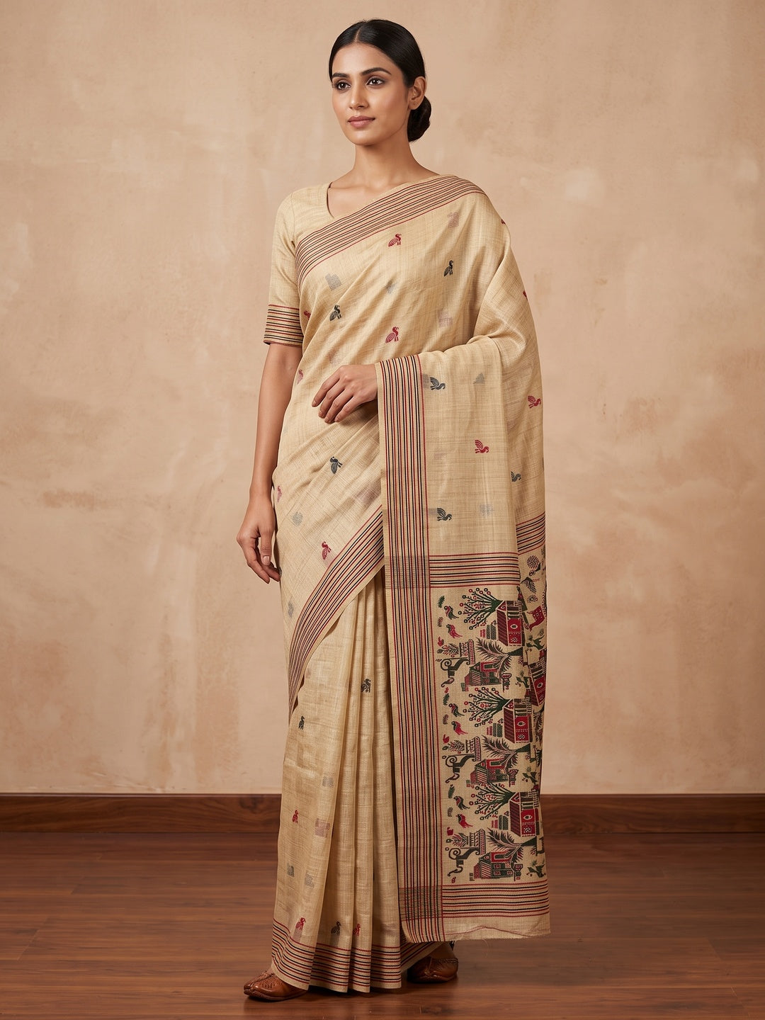 Peachmode Cream Black Woven Cotton Blend Jamdani Saree - Image 1