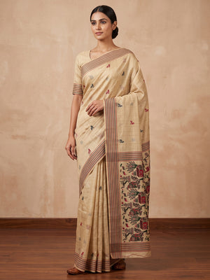 Peachmode Cream Black Woven Cotton Blend Jamdani Saree - Image 1