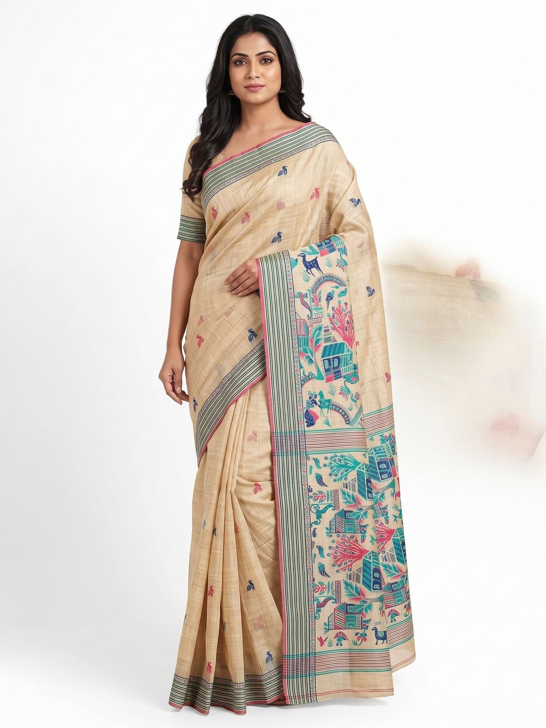 Peachmode Cream Teal Woven Cotton Blend Jamdani Saree - Image 1
