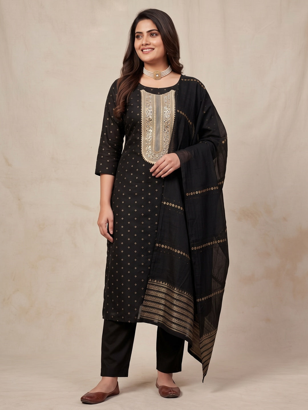 Peachmode Black Embroidered Chanderi Dress Material - Image 2