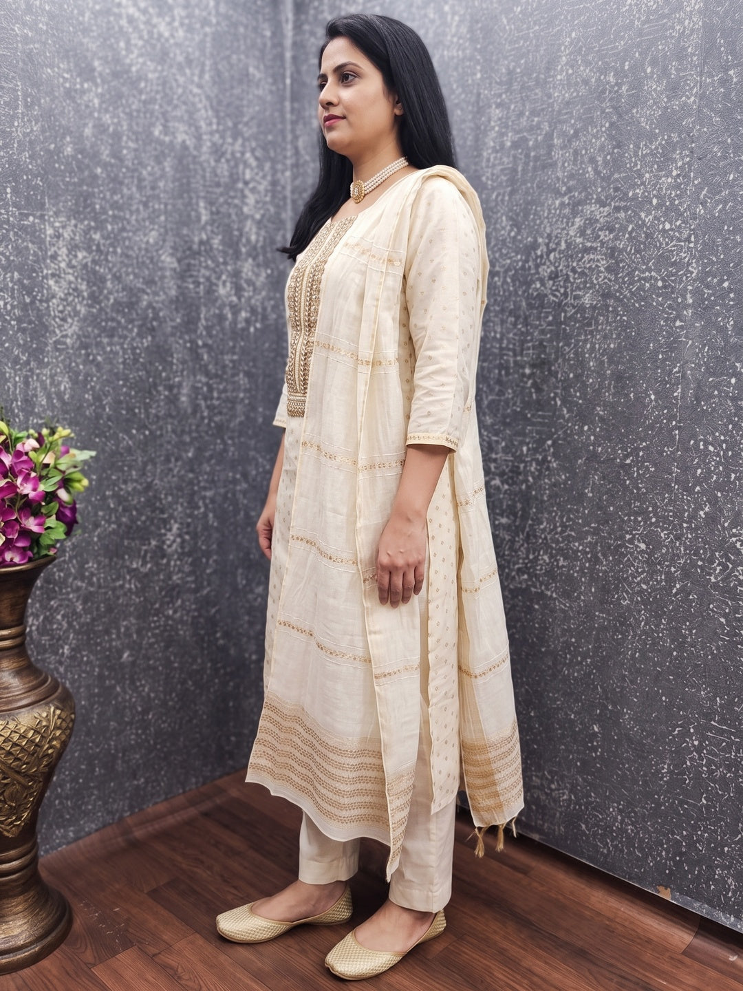 Peachmode Off White Embroidered Chanderi Dress Material - Image 3