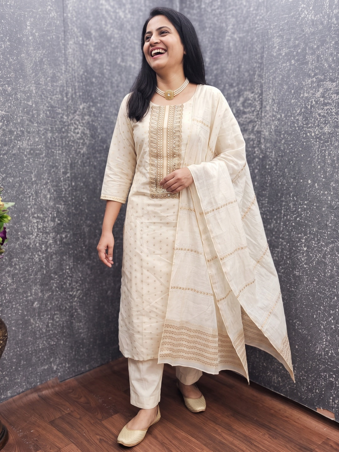 Peachmode Off White Embroidered Chanderi Dress Material - Image 2