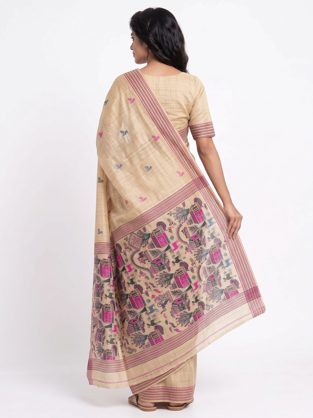 Peachmode Cream Pink Woven Cotton Blend Jamdani Saree - Image 4