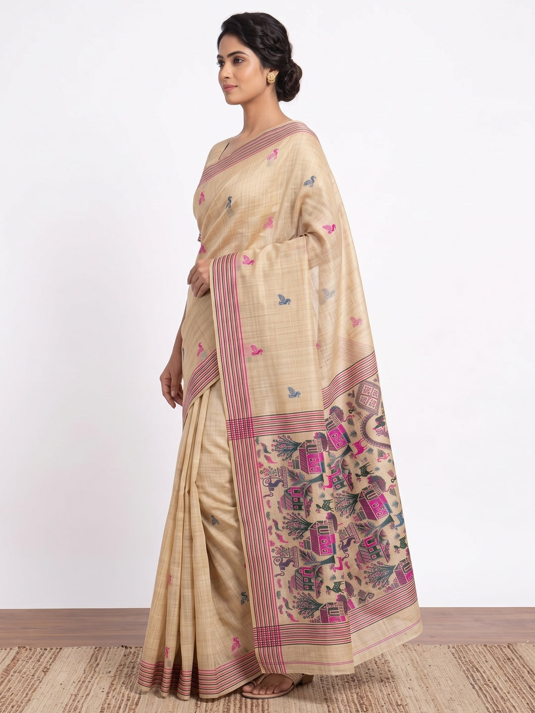 Peachmode Cream Pink Woven Cotton Blend Jamdani Saree - Image 5