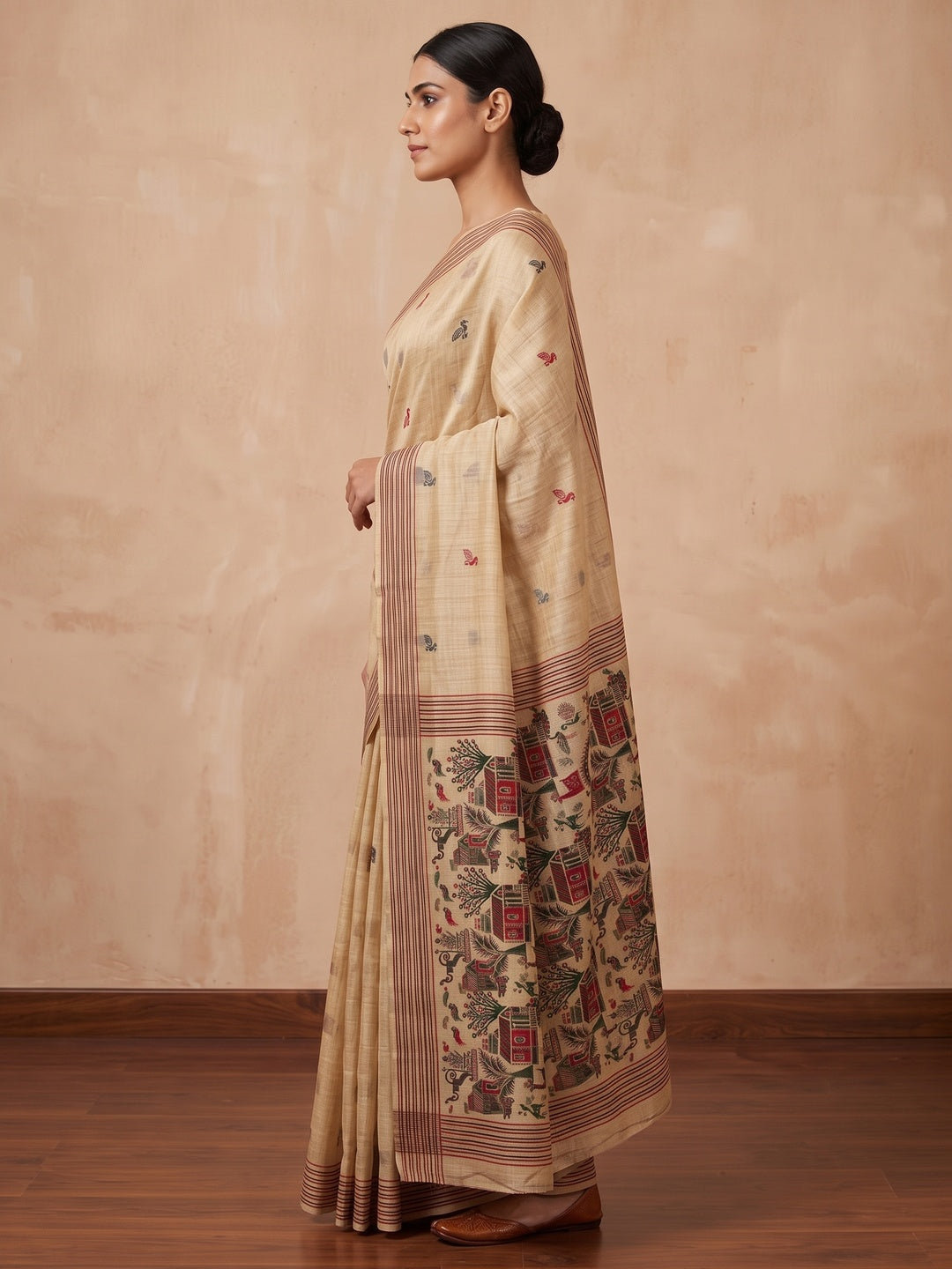 Peachmode Cream Black Woven Cotton Blend Jamdani Saree - Image 5