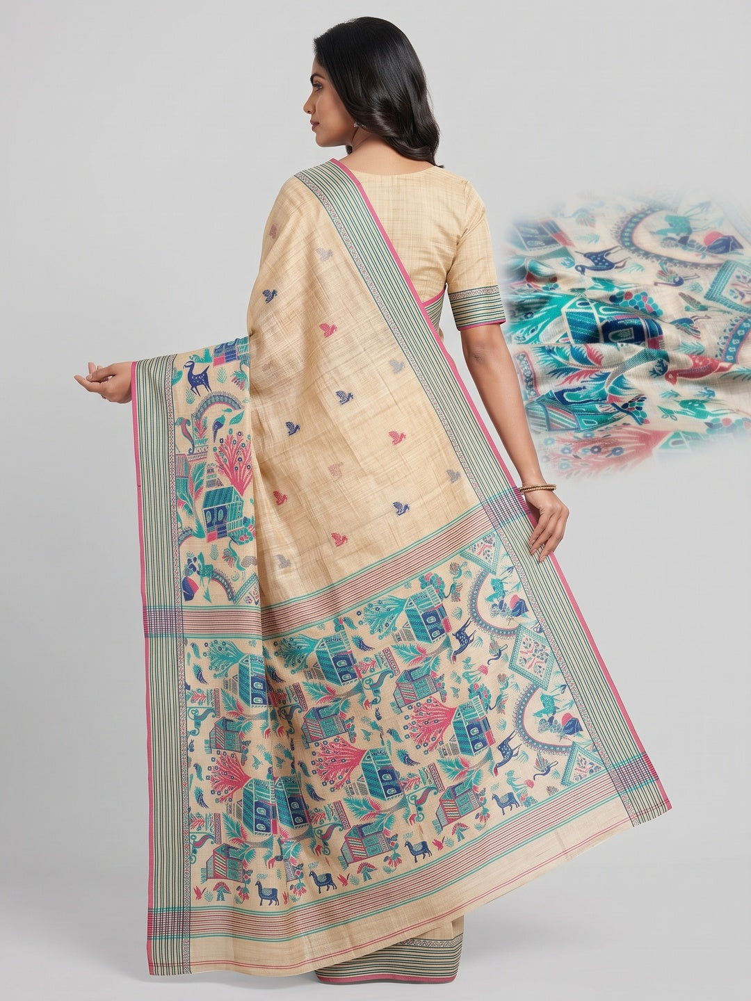 Peachmode Cream Teal Woven Cotton Blend Jamdani Saree - Image 4