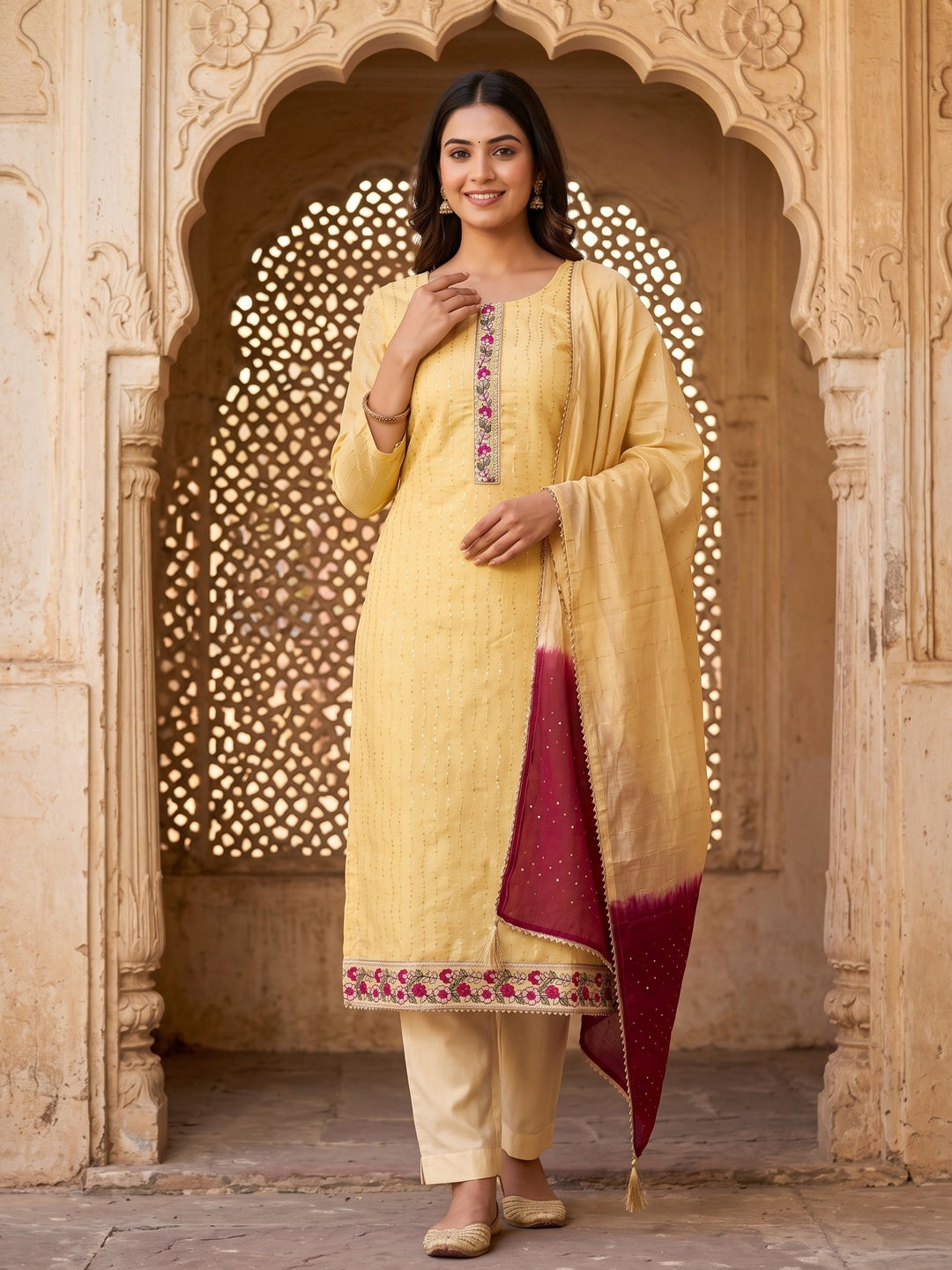Yellow Sequins Floral Embroidered Chanderi Dress Material - Image 4