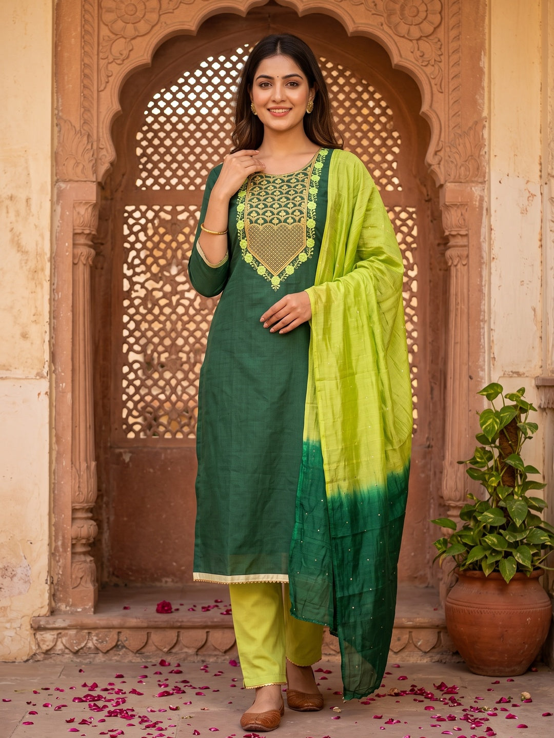 Green Embroidered With Embellished Cotton Blend Dress Material - Image 4