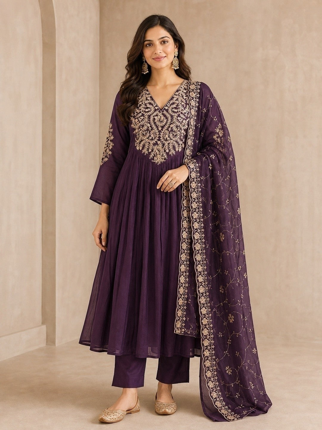 Peachmode Purple Mul Chanderi Salwar Suit - Image 1