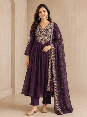 Peachmode Purple Mul Chanderi Salwar Suit - Image 1