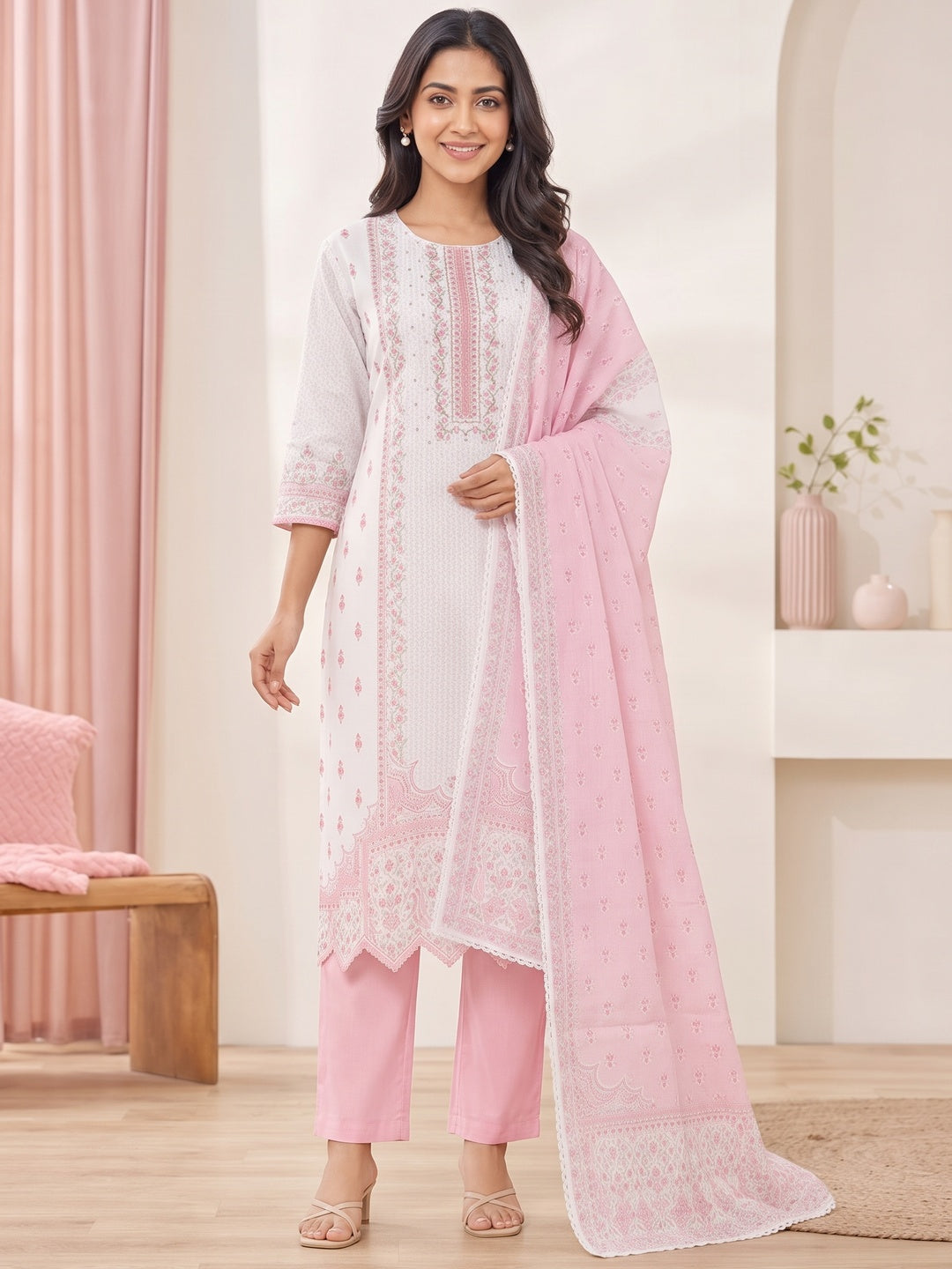 Off White Pure Cotton Pink Floral Printed Salwar Suit Set - Image 5