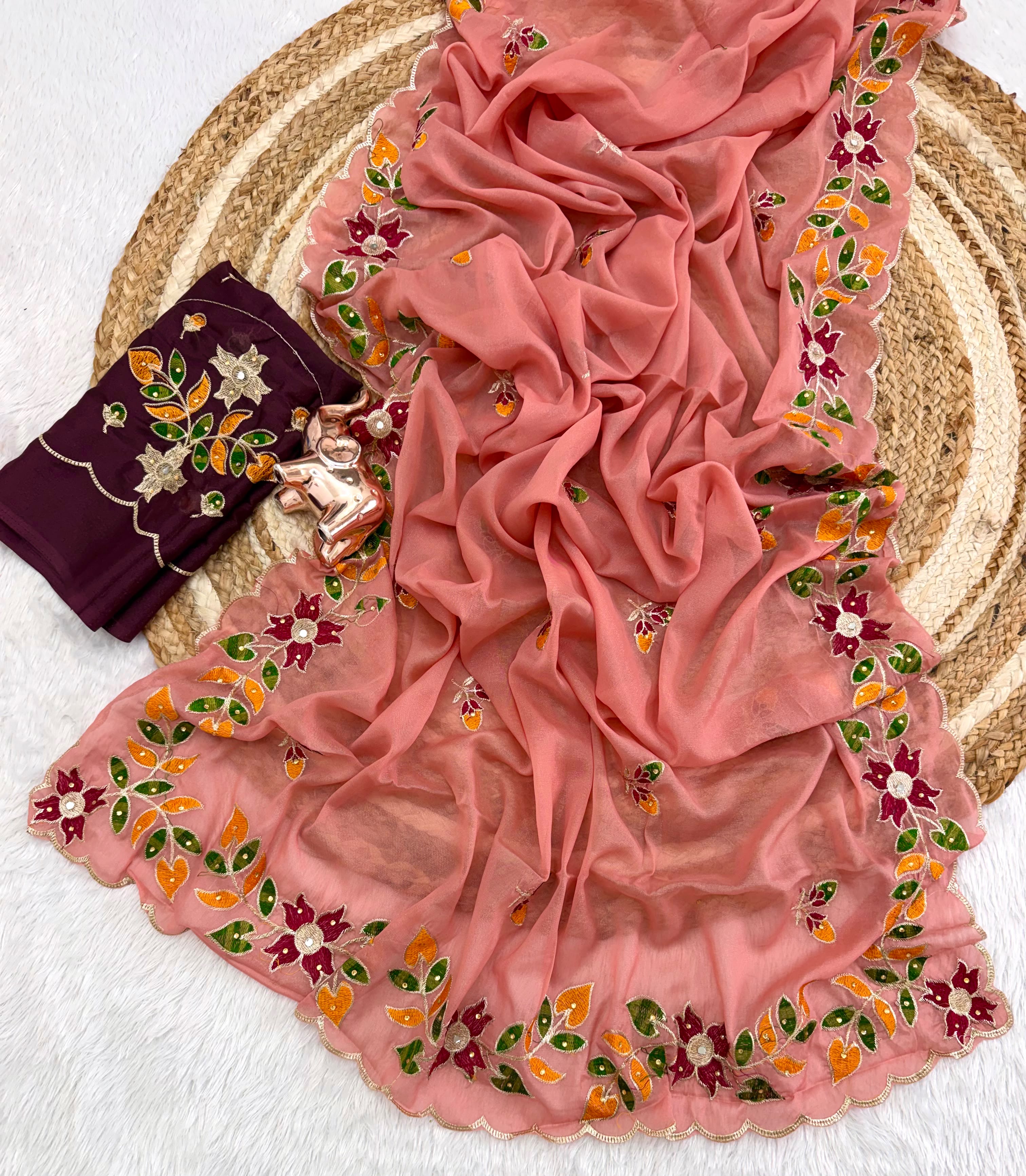 Peachmode Peach Embroidered Shining Georgette Saree - Image 3