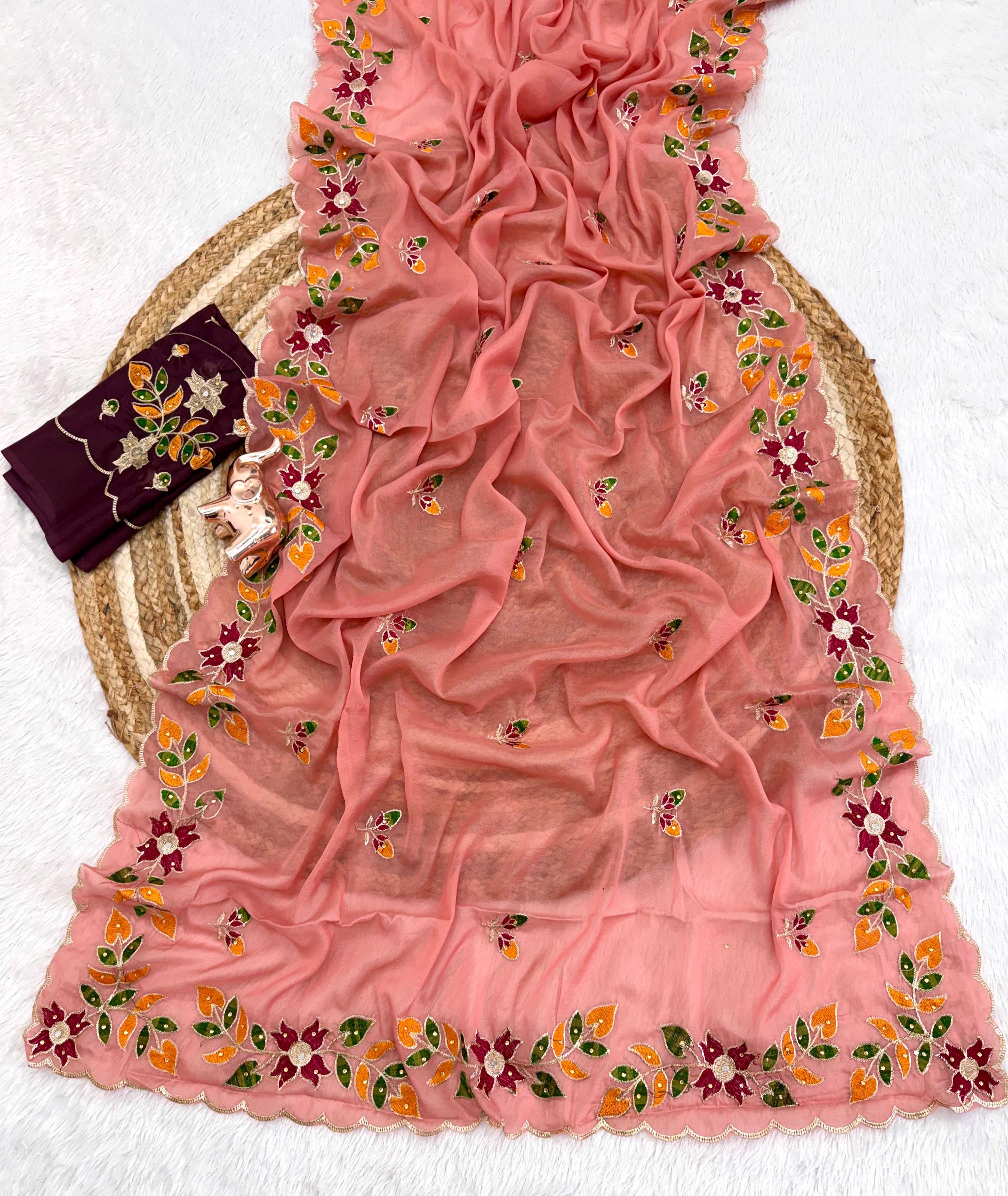 Peachmode Peach Embroidered Shining Georgette Saree - Image 4