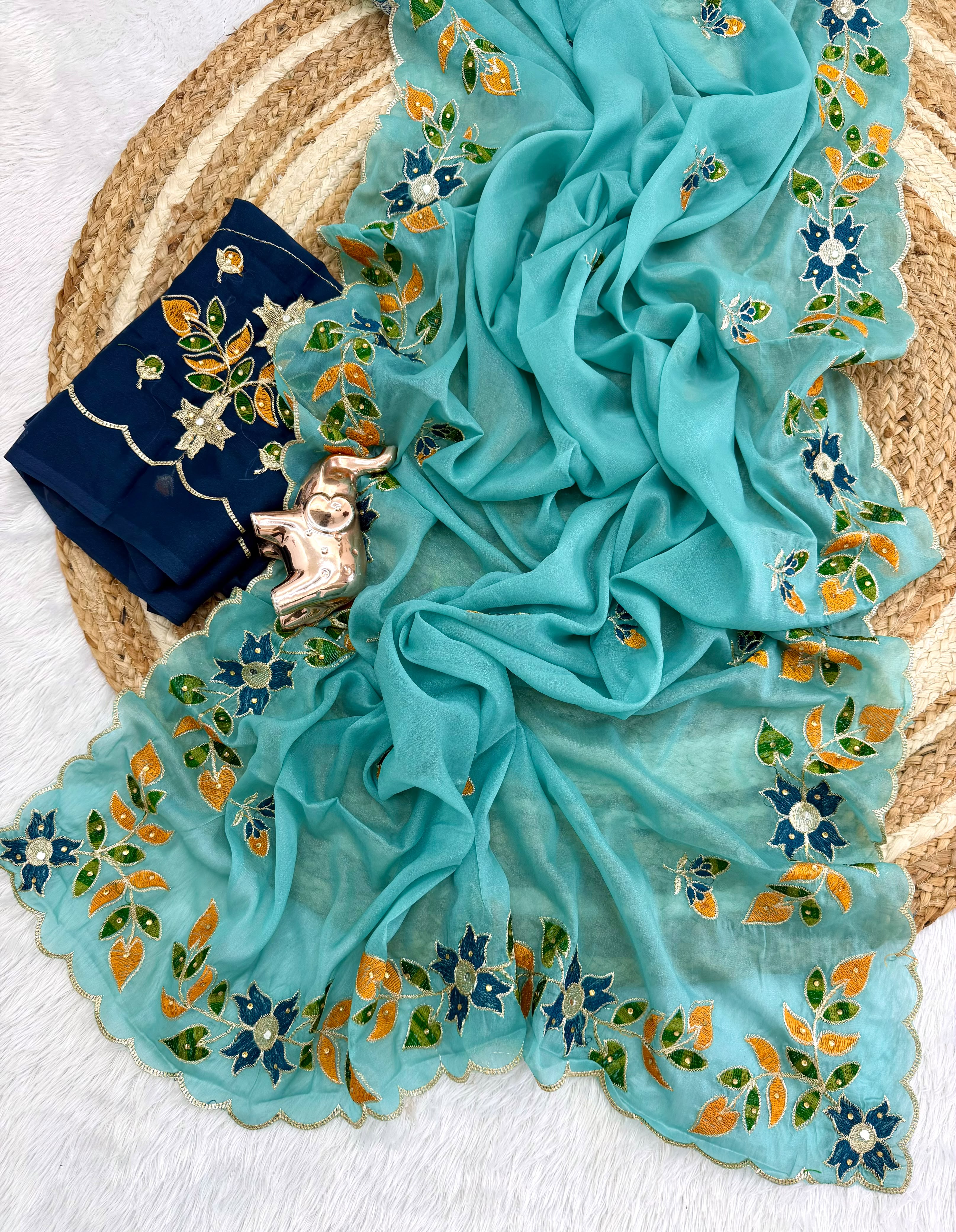 Peachmode Teal Blue Embroidered Shining Georgette Saree - Image 2