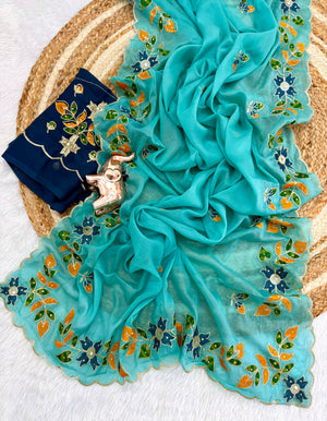 Peachmode Teal Blue Embroidered Shining Georgette Saree - Image 2