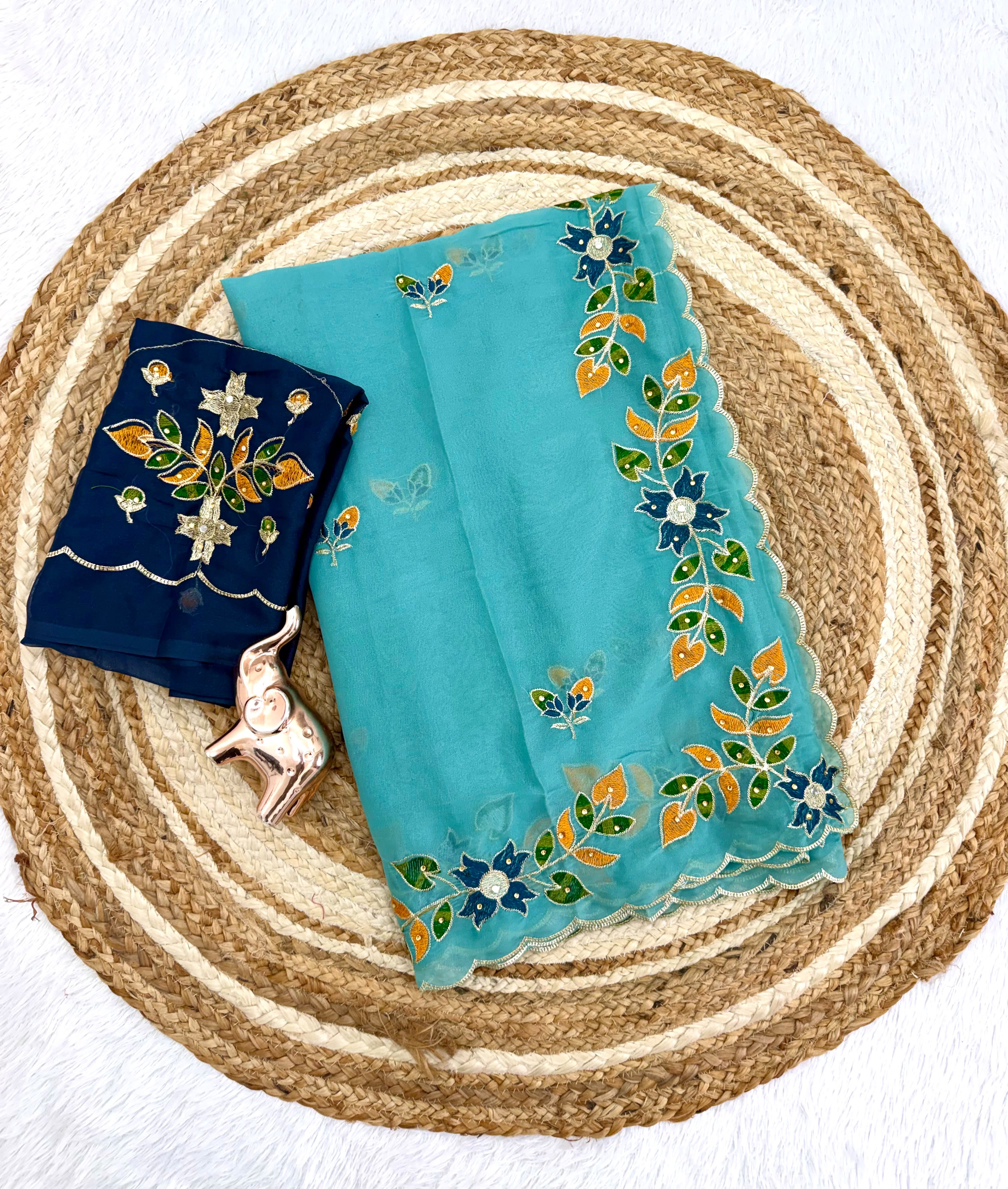 Peachmode Teal Blue Embroidered Shining Georgette Saree - Image 3