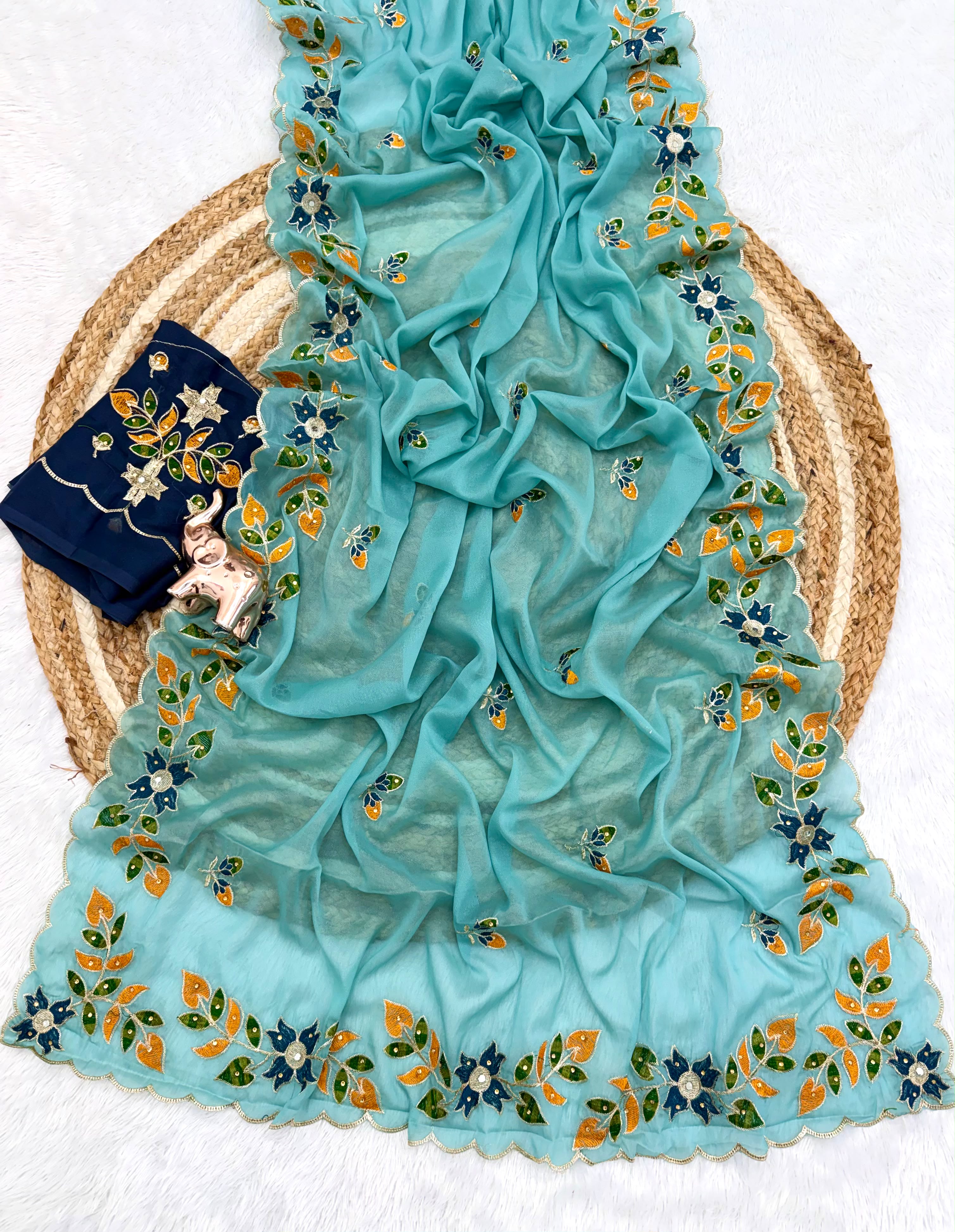 Peachmode Teal Blue Embroidered Shining Georgette Saree - Image 4