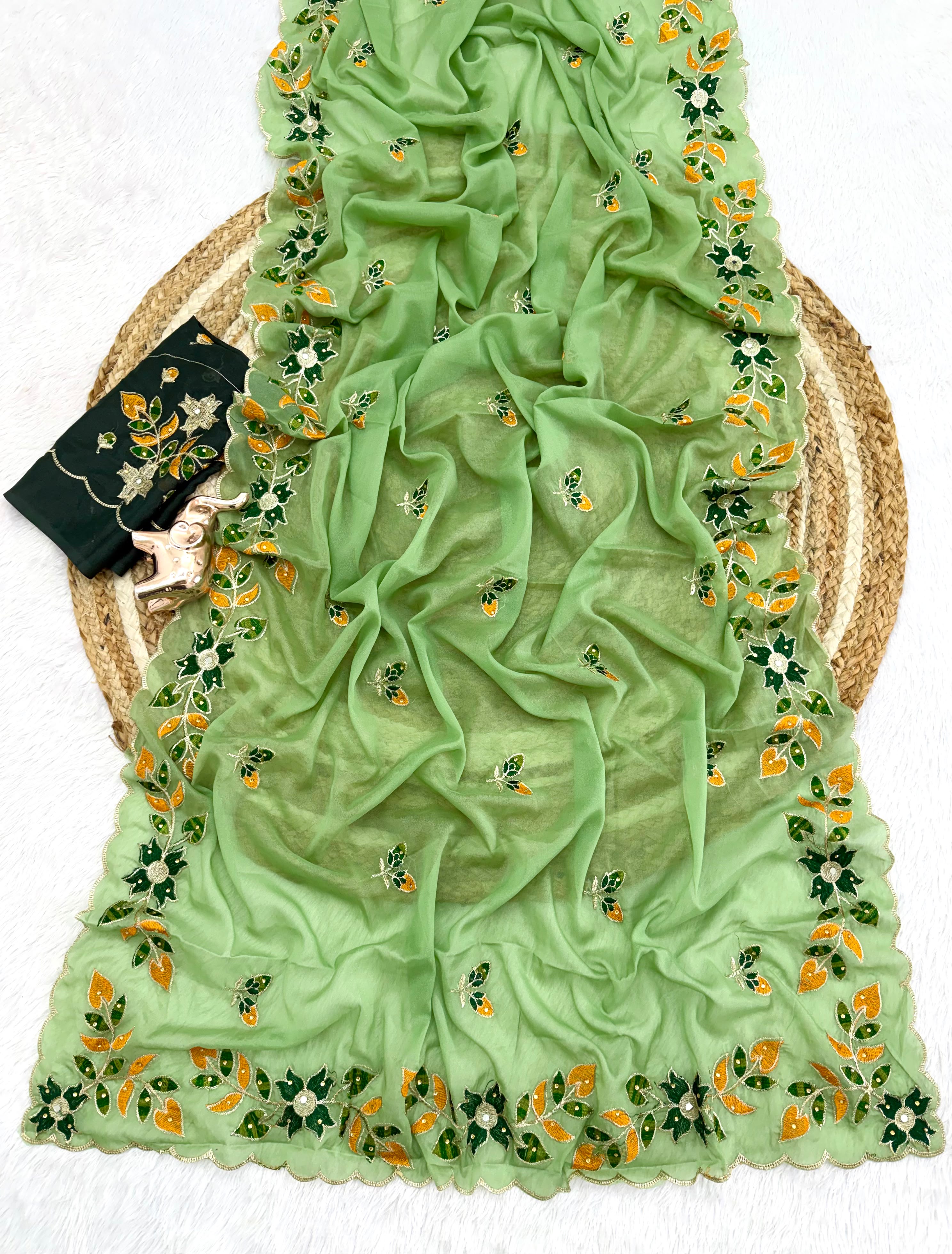 Peachmode Green Embroidered Shining Georgette Saree - Image 2
