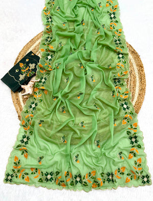 Peachmode Green Embroidered Shining Georgette Saree - Image 2