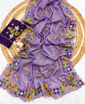 Peachmode Lavender Embroidered Shining Georgette Saree - Image 2