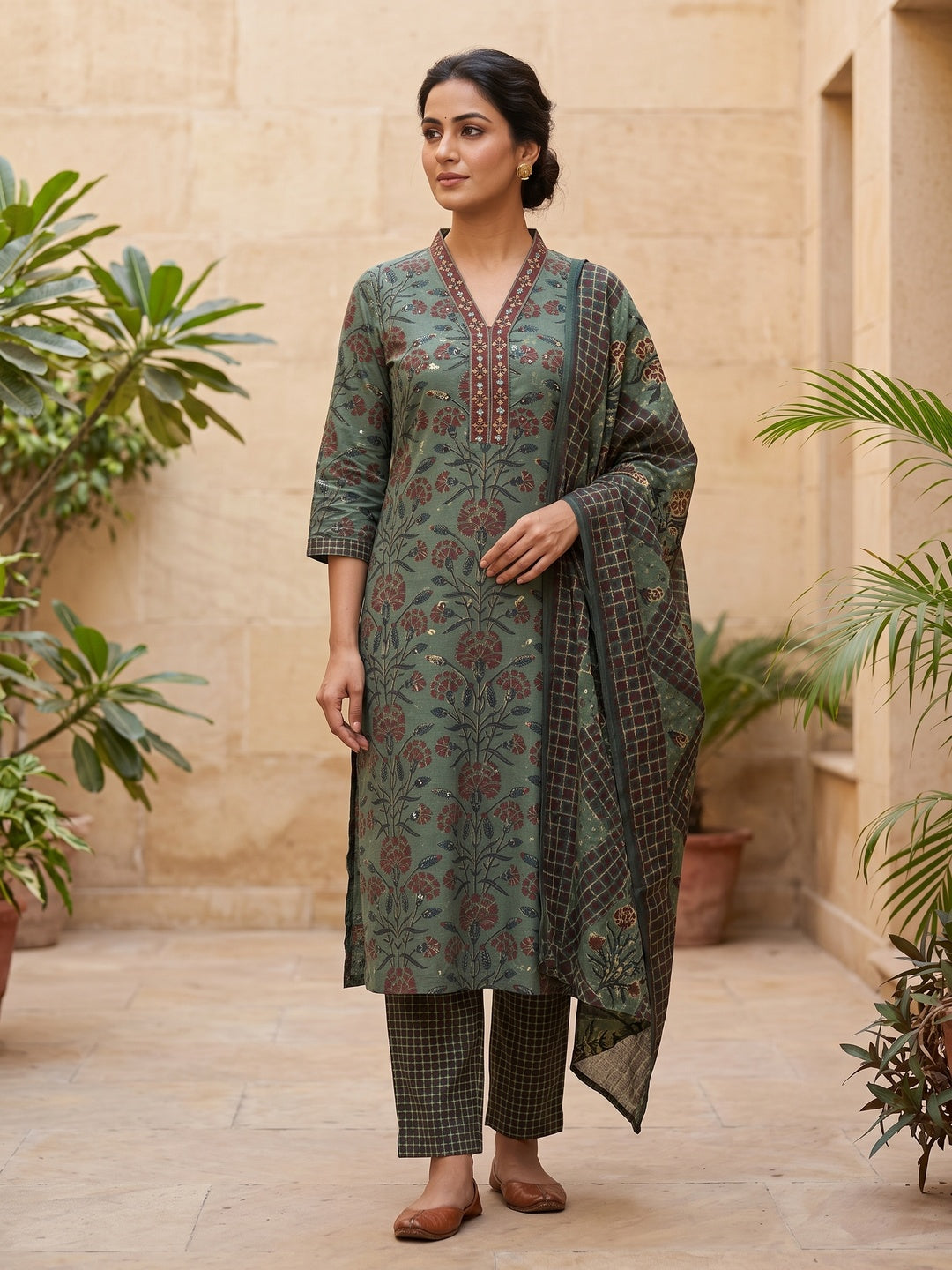 Peachmode Green Pure Cotton Floral Printed Salwar Suit Set - Image 1