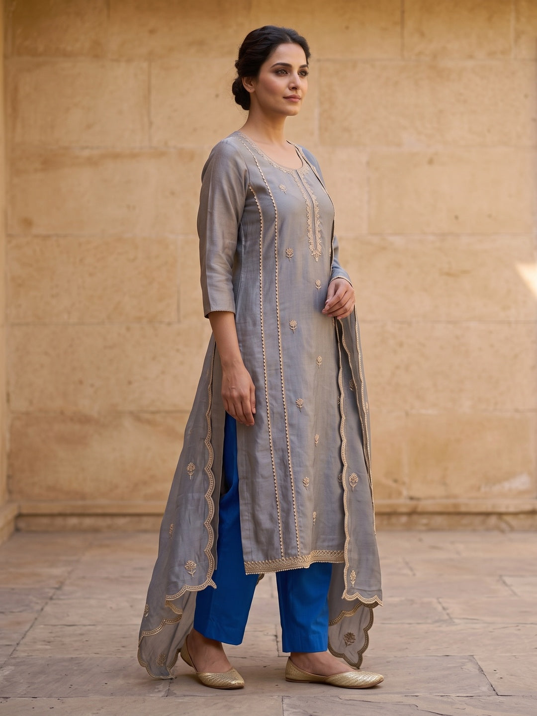 Peachmode Grey Silk Blend Embroidered Salwar Suit Set - Image 4