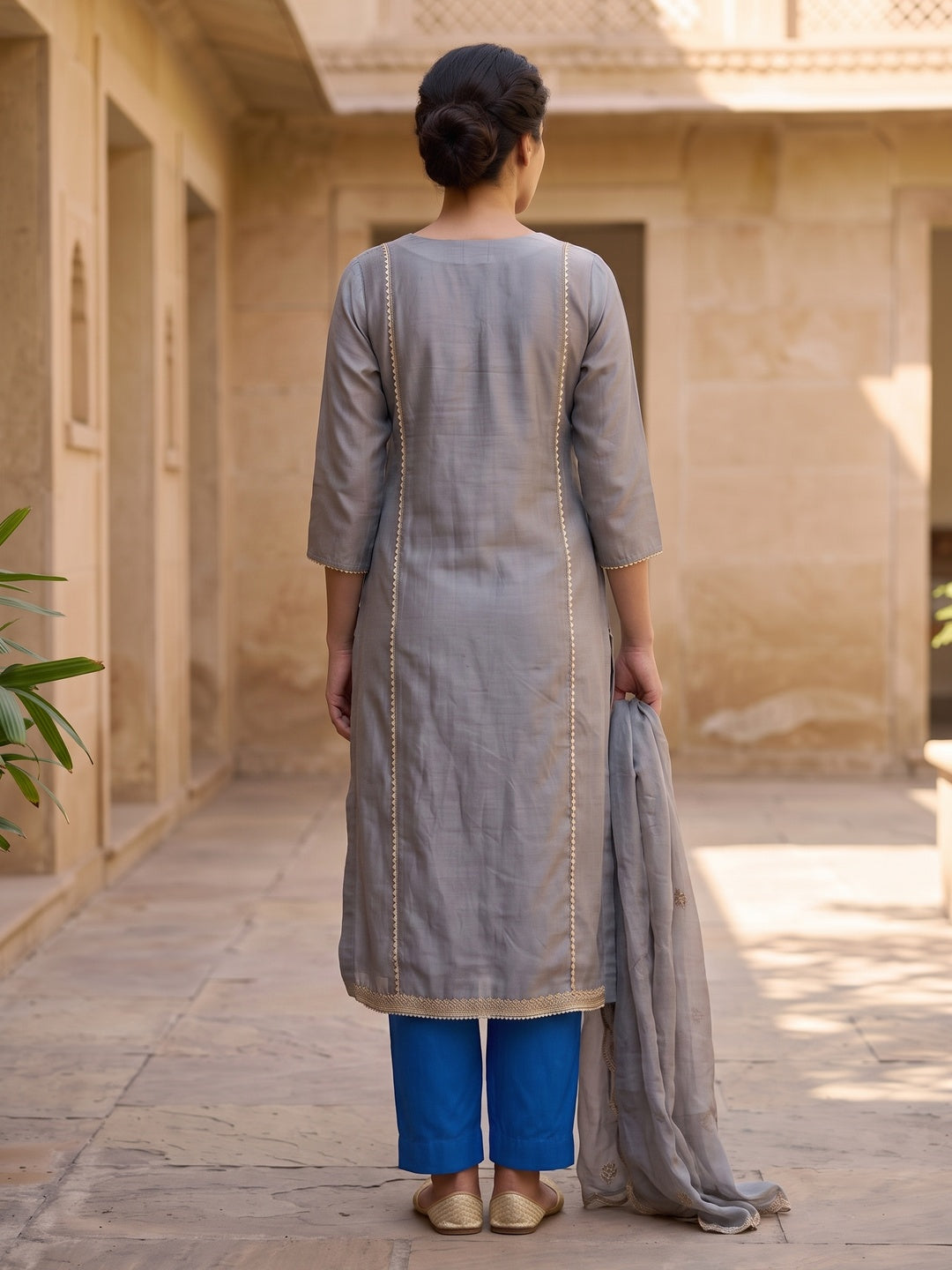 Peachmode Grey Silk Blend Embroidered Salwar Suit Set - Image 5